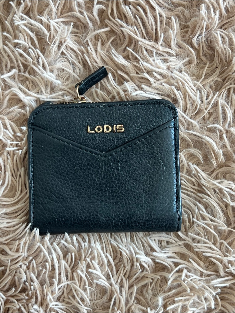 Lodis Black Genuine Leather Zip Wallet with Gold Logo